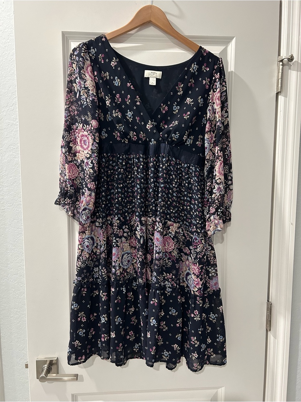 LOFT Navy Floral Tiered V-Neck Dress with Pink and Cream Blooms